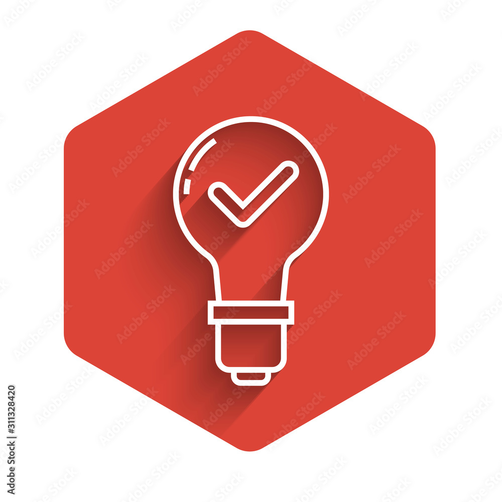 White line Light bulb and check mark icon isolated with long shadow.  Concept of idea. Red hexagon button. Vector Illustration Stock Vector |  Adobe Stock
