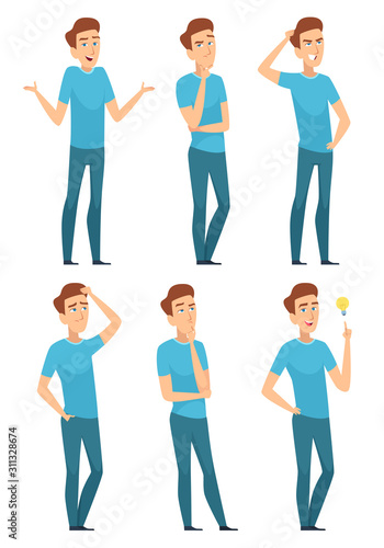 Thoughtful person. Thinking face of male expression pose worried asking question serious an doubt vector. Face male character expression and gesture pose illustration