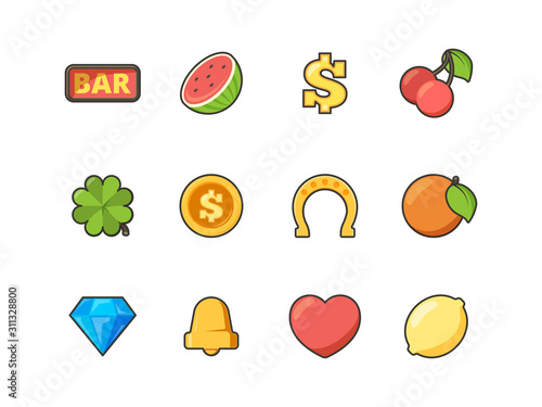 Slot machine icon. Casino symbols cherry bananas coins heart diamond colored gambling flat vector collection. Diamond and play game gambling elements illustration