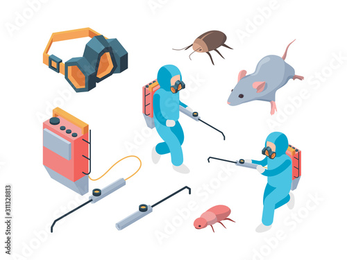 Pest destruction. Fumigation poison controlling pest insects service vector isometric. Illustration pest control, disinfection cockroach and rat
