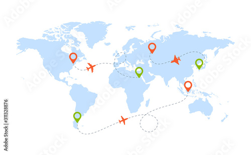 Aircraft route. Worldwide map with pictograms of planes and shapes travel route direction in sky vector background. Illustration trip worldwide travel aviation