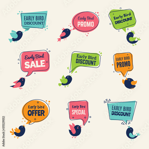 Early bird. Special offers badges discounts labels with birds vector advertising signs collection. Offer label lettering, speech bubble early bird promotion illustration