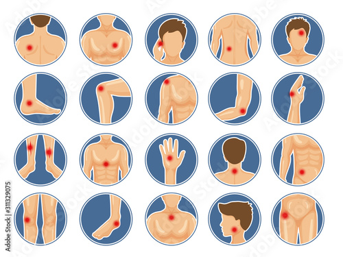 Body pain icon. Human anatomy parts shoulders legs had physical injury red pain dots vector pictures. Set of dots pain, trauma joint, back and muscle illustration