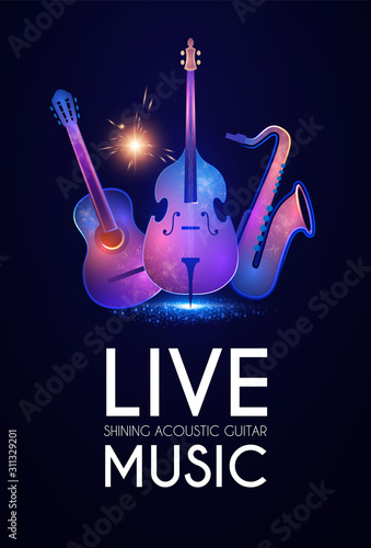 Music poster with electirc quitar, double bass and saxophone. Shining concert flyer template.