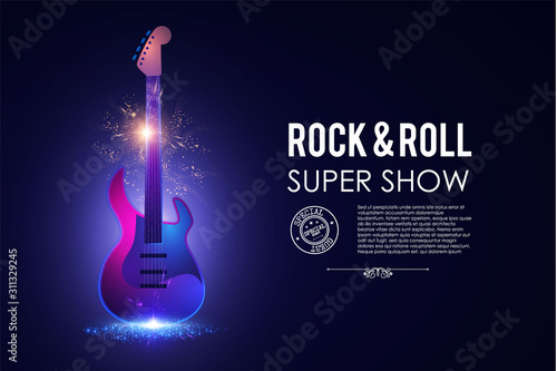 Music poster with electirc quitar. Shining rock & roll concert flyer template. photo