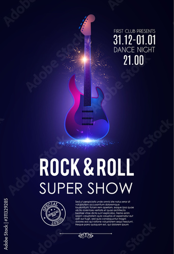 Music poster with electirc quitar. Shining rock & roll concert flyer template.