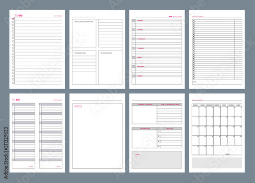 Organizer pages. Office agenda weekly template layout design goals in business diary vector. Office page agenda, organizer and schedule week or day illustration