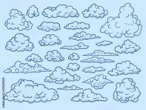 Clouds sketch. Decorative sky elements weather clouds vector cloudscape vector vintage style. Cloud collection design, overcast old-fashioned sketch illustration