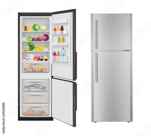 Fridge with food. Opening realistic refrigerator with fresh healthy products electric modern home appliances vector. Illustration fridge and refrigerator with food