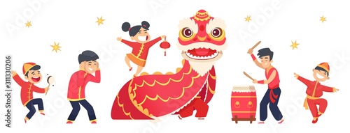 Chinese characters. Asian festive New Year cute boys and girls. Isolated red dragon, carnival event vector illustration. Dragon red chinese, festival in red costume