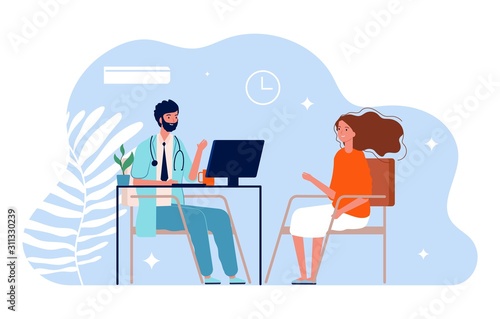 Doctor and patient. Physician medical consultation, clinic office. Diagnosis treatment patients and healthcare vector illustration. Medical diagnosis and consultation, healthcare office physician