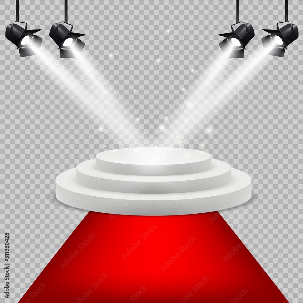 Fototapeta premium Red carpet and white podium. Award stage with projector lighting isolated vector realistic background. Illustration podium and pedestal stage