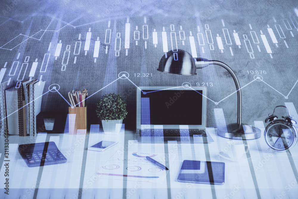 Multi exposure of forex graph and work space with computer. Concept of international online trading. Multi exposure of forex graph and work space with computer. Concept of international online trading.