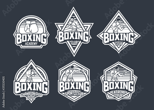 Boxing retro badge logo emblem design with boxer illustration pack with black and white color