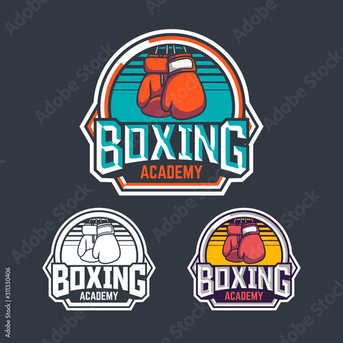 Boxing academy retro badge logo emblem design with boxer illustration pack