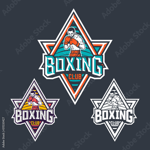Boxing club badge logo emblem design with boxer illustration pack