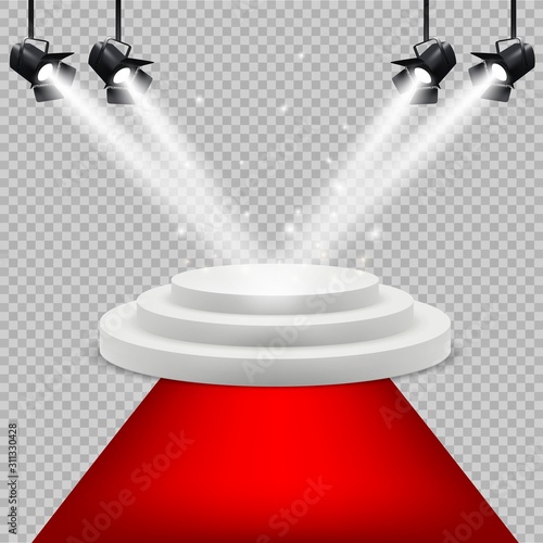 Red carpet and white podium. Award stage with projector lighting isolated vector realistic background. Illustration podium and pedestal stage