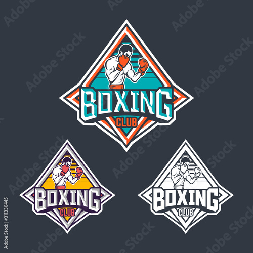 Boxing club badge logo emblem label design with boxer illustration pack
