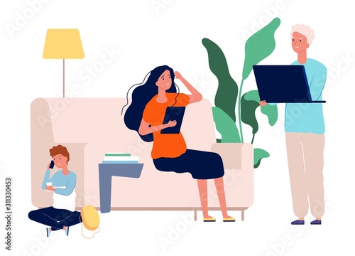 Gadget addiction. Family with laptop, tablet and smartphone. Parents and child spend time on Internet vector illustration. Addiction family internet, man and woman with computer