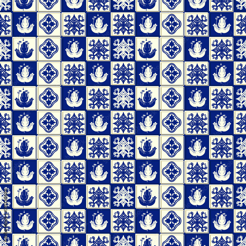 Vector tile pattern, Lisbon floral mosaic, Mediterranean seamless navy blue ornament