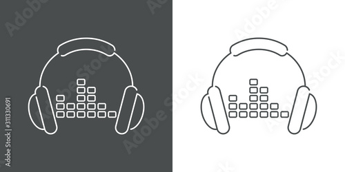 Icono plano lineal audífonos con símbolo ecualizador en fondo gris y fondo blanco