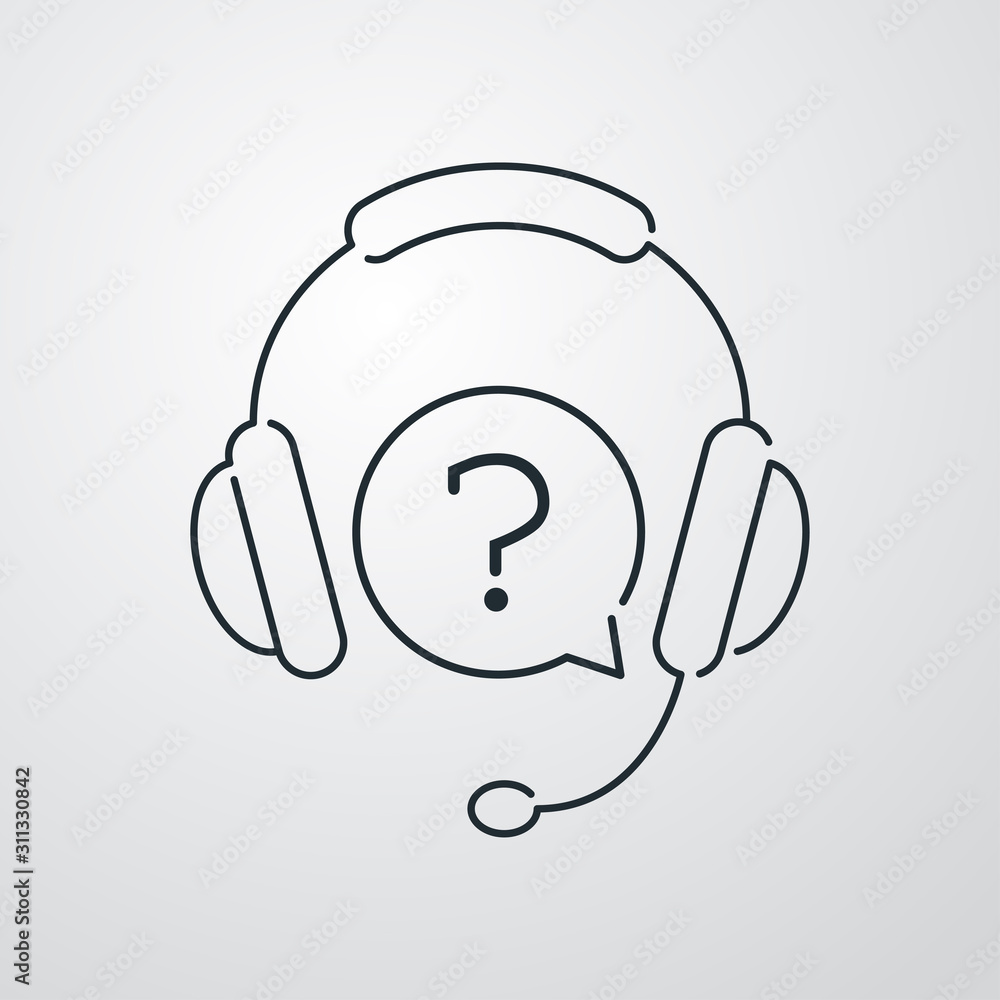 Preguntas más frecuentes. Icono plano lineal auriculares con micrófono y símbolo pregunta en fondo gris