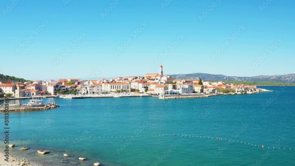 Beautiful Croatian coast, Murter island archipelago and town of Betina from air, Dalmatia, Croatia, drone reveal footage Beautiful Croatian coast, Murter island archipelago and town of Betina from air, Dalmatia, Croatia, drone reveal footage