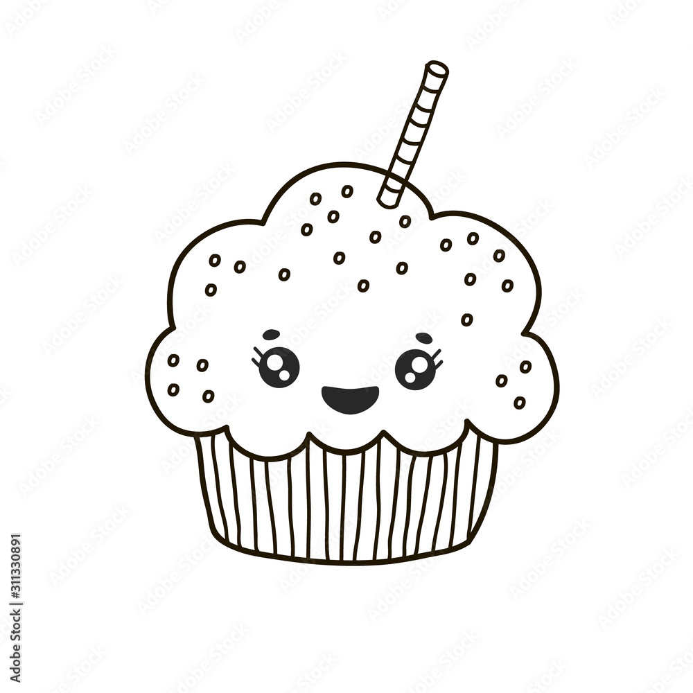 Kawaii cupcake. Vector illustration of a cupcake, cake. Linear illustration of a cupcake. Dessert drawing Kawaii cupcake. Vector illustration of a cupcake, cake. Linear illustration of a cupcake. Dessert drawing