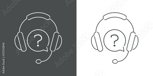 Preguntas más frecuentes. Icono plano lineal auriculares con micrófono y símbolo pregunta en fondo gris y fondo blanco
