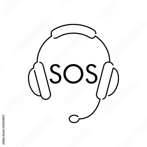 Llamada de emergencia. Icono plano lineal auriculares con micrófono y palabra SOS en color negro