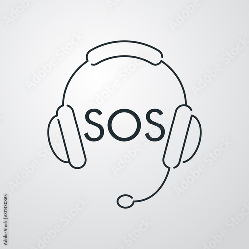 Llamada de emergencia. Icono plano lineal auriculares con micrófono y palabra SOS en fondo gris