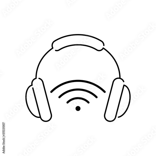 Icono plano lineal audifonos con símbolo WiFi en color negro