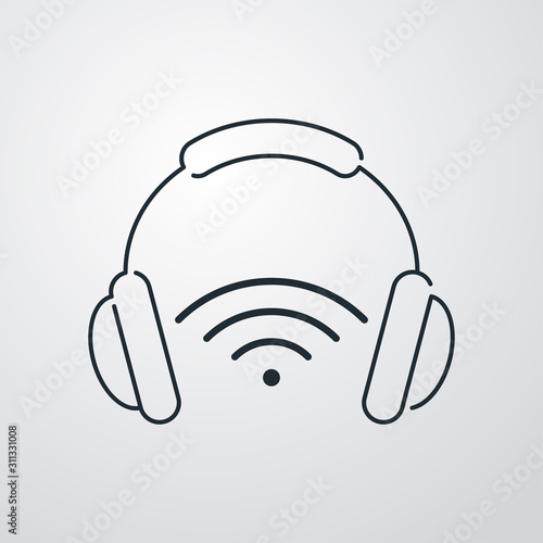 Icono plano lineal audifonos con símbolo WiFi en fondo gris