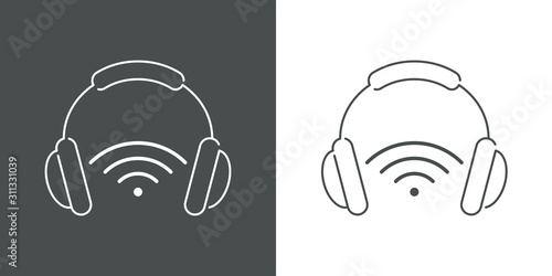 Icono plano lineal audifonos con símbolo WiFi en fondo gris y fondo blanco