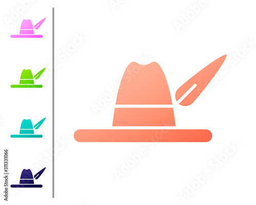 Coral Oktoberfest hat icon isolated on white background. Hunter hat with feather. German hat. Set color icons. Vector Illustration