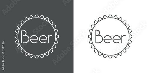 Icono plano lineal palabra Beer en chapa de botella de cerveza en fondo gris y fondo blanco