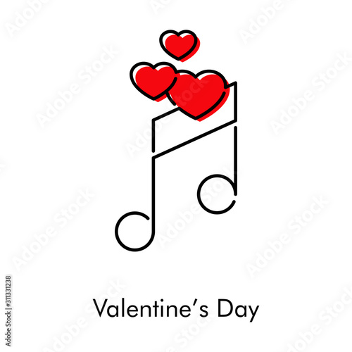 Día de san Valentín. Icono plano lineal corazones sobre nota musical con color rojo