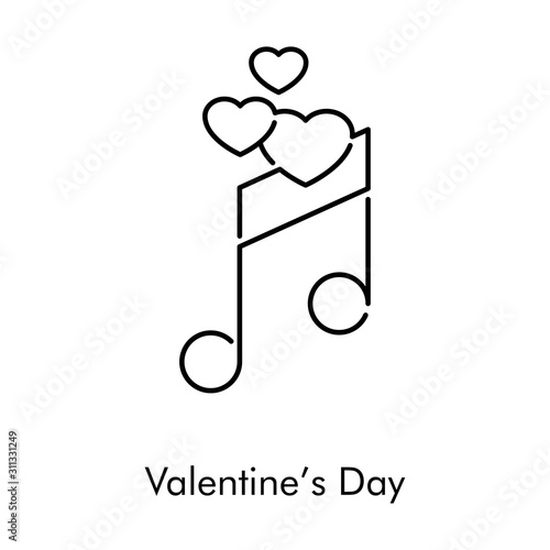 Día de san Valentín. Icono plano lineal corazones sobre nota musical en color negro