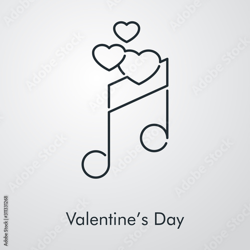 Día de san Valentín. Icono plano lineal corazones sobre nota musical en fondo gris