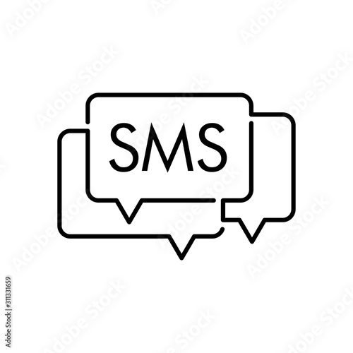 Icono plano lineal mensaje SMS con burbujas de habla como conversación en color negro