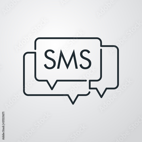 Icono plano lineal mensaje SMS con burbujas de habla como conversación en fondo gris