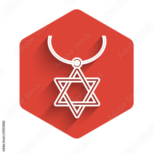 White line Star of David necklace on chain icon isolated with long shadow. Jewish religion symbol. Symbol of Israel. Jewellery and accessory. Red hexagon button. Vector Illustration
