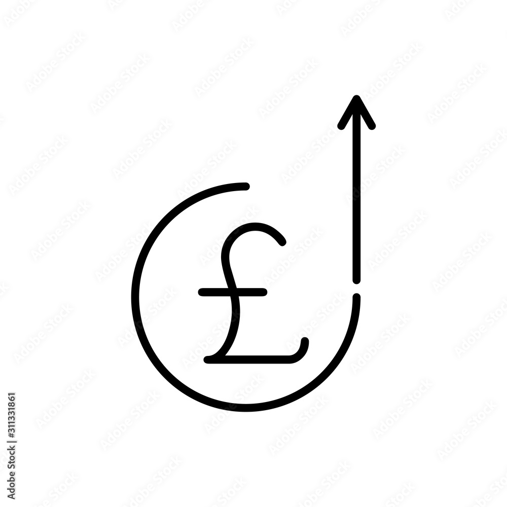 Icono plano lineal símbolo moneda de libra en circulo y flecha hacia arriba en color negro Icono plano lineal símbolo moneda de libra en circulo y flecha hacia arriba en color negro