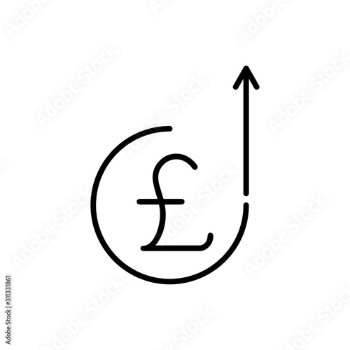 Icono plano lineal símbolo moneda de libra en circulo y flecha hacia arriba en color negro