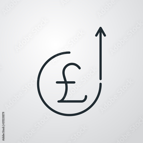 Icono plano lineal símbolo moneda de libra en circulo y flecha hacia arriba en fondo gris