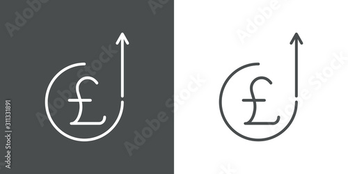Icono plano lineal símbolo moneda de libra en circulo y flecha hacia arriba en fondo gris y fondo blanco