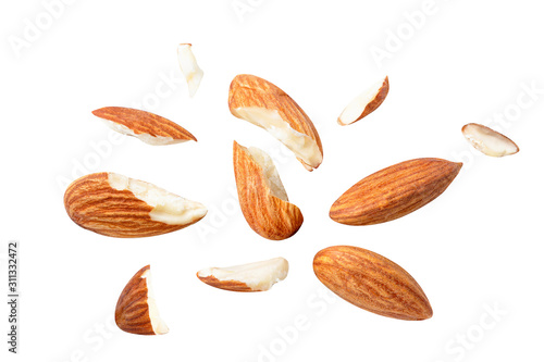 almonds baked pieces snack  and cracks Spread out  on white isolated .Clipping path - photo