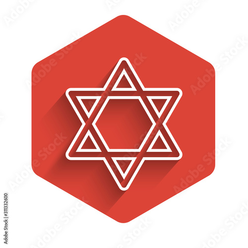 White line Star of David icon isolated with long shadow. Jewish religion symbol. Symbol of Israel. Red hexagon button. Vector Illustration