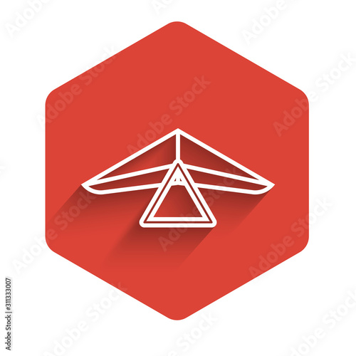 White line Hang glider icon isolated with long shadow. Extreme sport. Red hexagon button. Vector Illustration