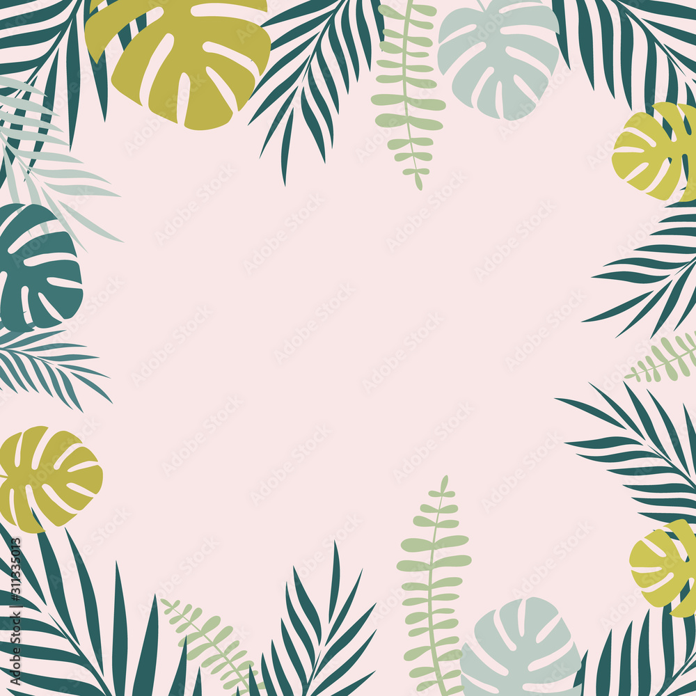 Tropical background with leaves. Vector flat background with palm leaves and monstera.